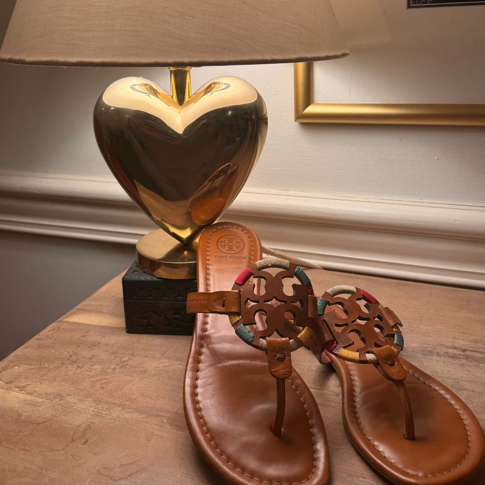 Authentic Tory Burch Brown Sandals with Multicolor embroidered Accents